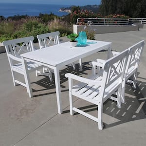 Bradley Acacia White 5-Piece Patio Dining Set with 32 in. W Extension Table and Cross-Back Armchairs