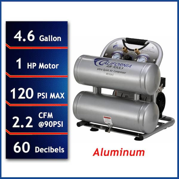 California Air Tools 4610AC Ultra Quiet and Oil-Free 1.0 Hp, 4.6 Gal. Aluminum Twin Tank Electric Portable Air Compressor