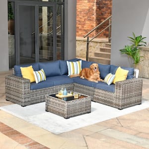 Tahoe Gray 6-Piece Wicker Extra-Wide Arm Outdoor Patio Conversation Sofa Set with Denim Blue Cushions
