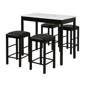 Tahoe Black Wood White and Grey Faux Marble Top 5-Piece Tavern Set and Padded Seats
