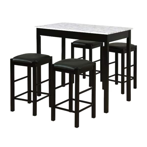 Linon Home Decor Tahoe Black Wood White and Grey Faux Marble Top 5-Piece Tavern Set and Padded Seats