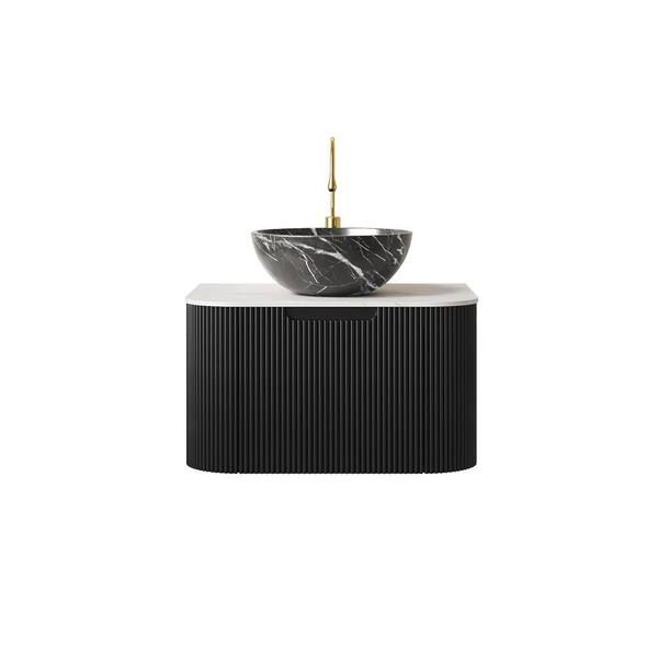 24 in. Wall-Mounted Black Bath Vanity with White Engineered Marble Top Pre-Assembled