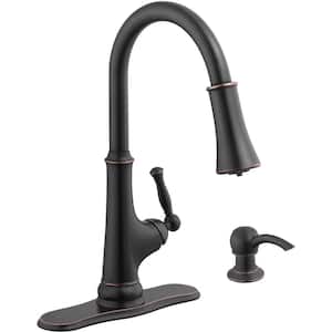 Touchless LED Single-Handle Pull-Down Sprayer Kitchen Faucet with Soap Dispenser in Bronze