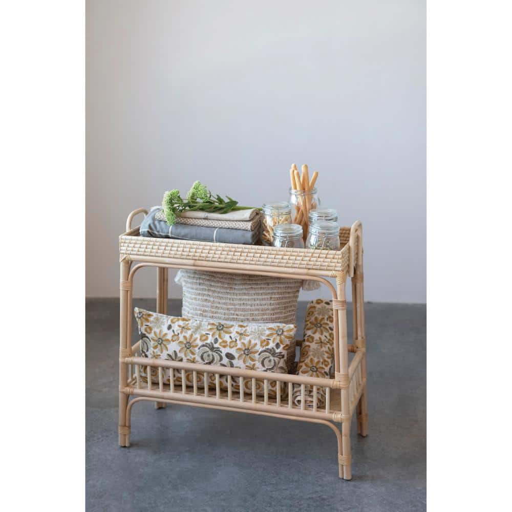 Natural Rattan and Bamboo Console Table with Storage Shelves
