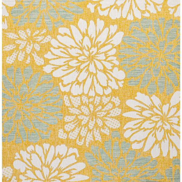 Zinnia Modern Floral Textured Weave Yellow/Cream 5 ft. Square Indoor/Outdoor Area Rug