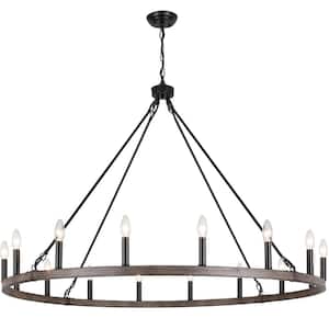 Janiaha 47.24 in. 16-Light Black/Wood Large Farmhouse Candle Wagon Wheel Chandelier for Living Room Pendant Lighting