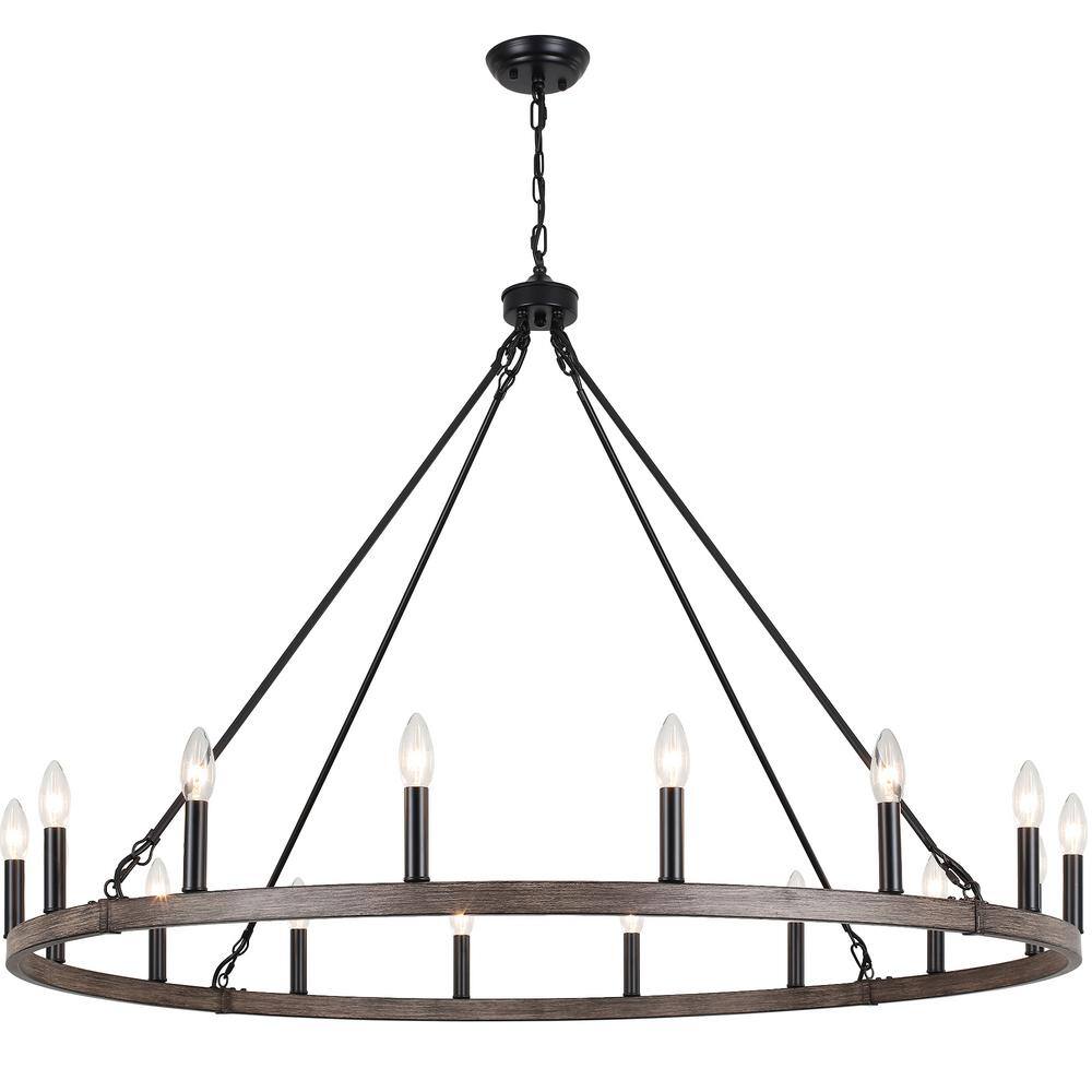 Janiaha 47.24 in. 16-Light Black/Wood Large Farmhouse Candle Wagon Wheel Chandelier for Living Room Pendant Lighting price history on PriceWatchPro