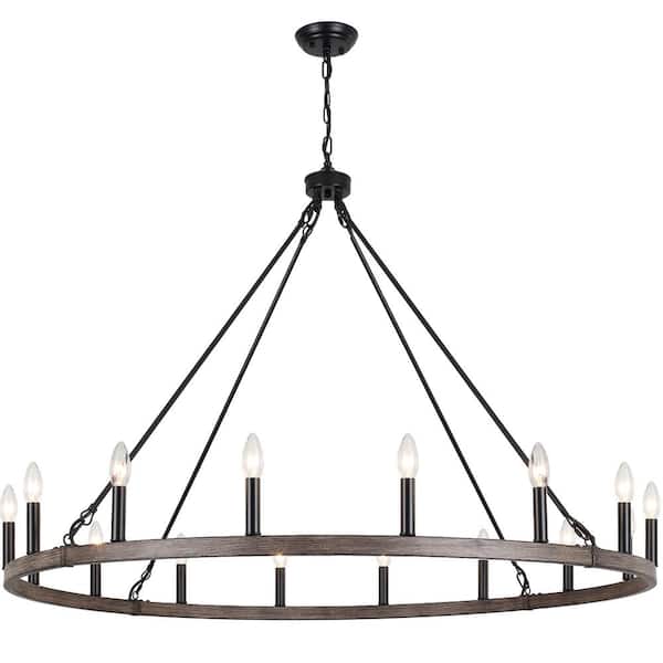 Janiaha 47.24 in. 16-Light Black/Wood Large Farmhouse Candle Wagon Wheel Chandelier for Living Room Pendant Lighting