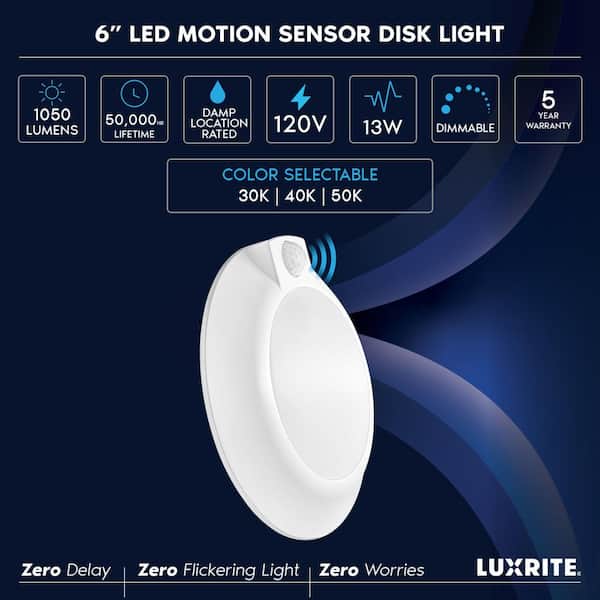 6 In. LED Disk Light, Flush Mount with Motion Sensor 3CCT Selectable 3000K-5000K 13 Watt 1050LM ETL