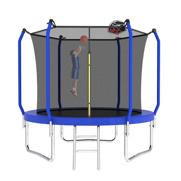 Isvalen 8 ft. Outdoor Recreational Trampoline for Kids with Safety Enclosure Net, Ladder and Basketball Hoop, Blue