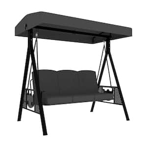 3-Person Metal Patio Swing Chair With Converting Canopy Porch Swing With Detachable Cushion and Side Trays, Dark