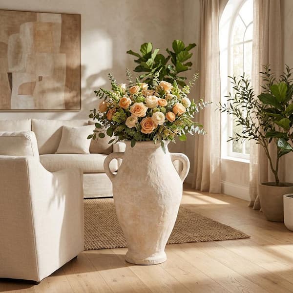 32 in. White Ceramic Amphora Form Decorative Vase