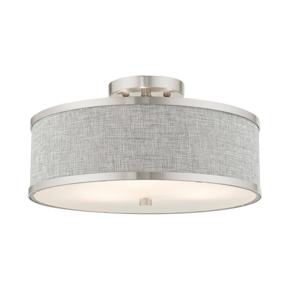 Brushed Nickel 3-Light Semi-Flush Drum Ceiling Fixture with Handcrafted Gray Fabric Shade