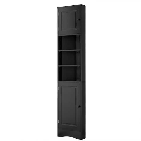 14 in. W x 9 in. D x 67 in. H Black MDF Bathroom Corner Linen Cabinet with Adjustable Shelf and Open Storage