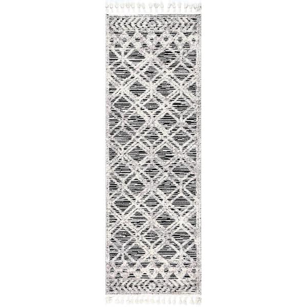 nuLOOM Ansley Textured Lattice Tassel Gray 2 ft. 6 in. x 8 ft. Indoor Runner Rug