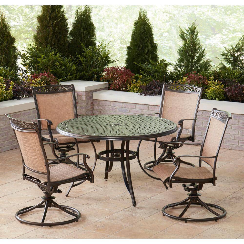 Fontana Bronze 48" Round Cast-Top Table with Tan Sling Swivel Chairs