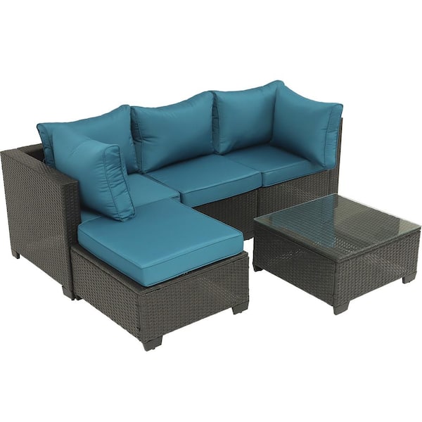 Zeus & Ruta Dark Coffee 5-Piece Wicker Patio Outdoor Sectional Sofa Set with Peacock blue Cushions and 1-Coffee Table