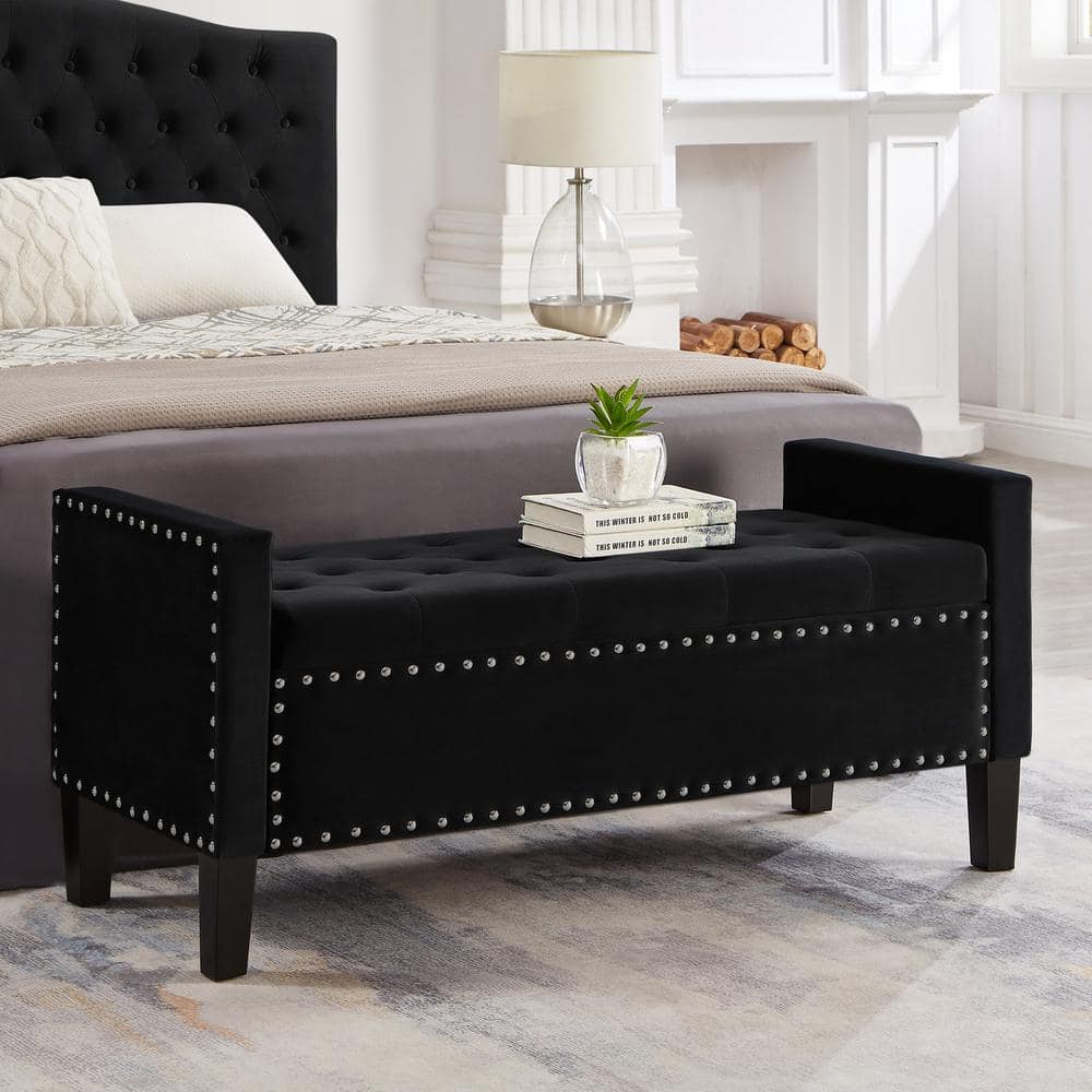 Black 48 in. Bedroom Bench Upholstered Tufted Button Storage Bench Entryway