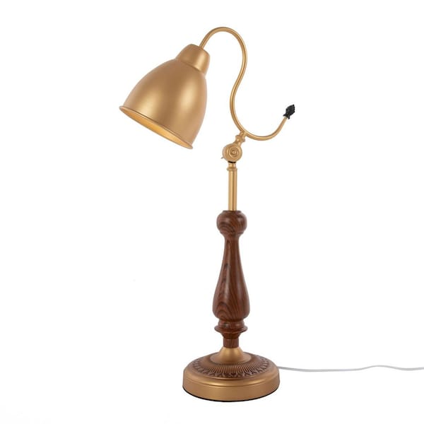 OUKANING 24.8 in. Brown Retro Walnut Wood Plug-In Bedside Table Lamp with Gold Metal Shade for Bedroom Study, No Bulbs Included