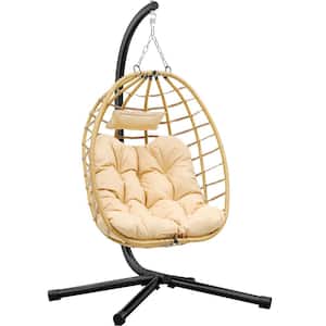 Beige Wicker Patio Swing Hanging Egg Chair with Cushion