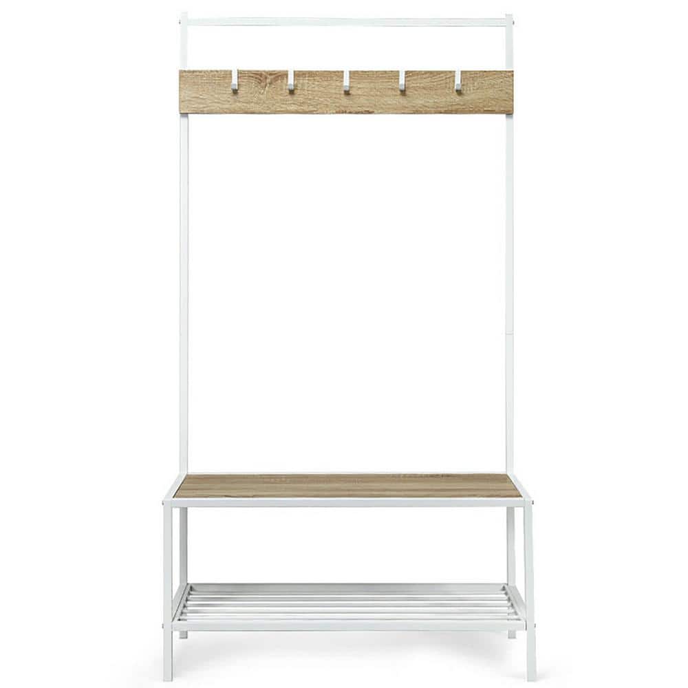 Natural 3-in-1 Multi-Functional Hall Tree with 5 Adjustable Metal Hooks