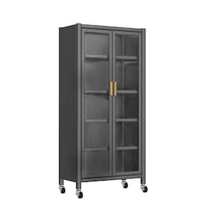 Gray Metal Microwave Cart, Double Door Kitchen Bakers Rack Microwave Stand with Wheels and 5 Storage Shelves