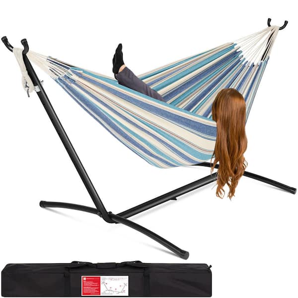 Best Choice Products 9.5 ft. 2-Person Brazilian-Style Cotton Double Hammock with Stand Set w/Carrying Bag - Ocean