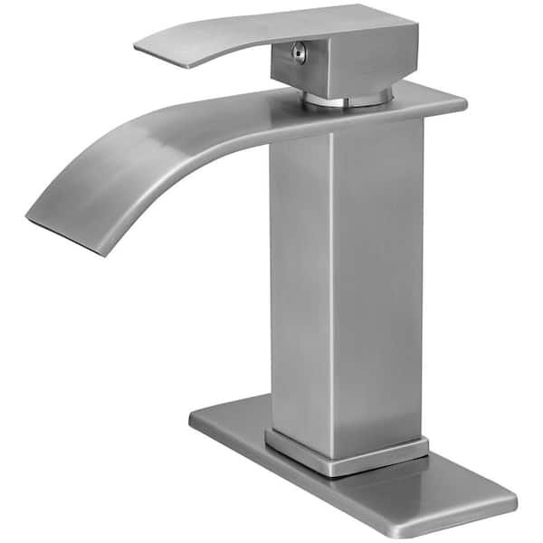 BWE Waterfall Single Handle Single Hole Low-Arc Bathroom Faucet Bathroom Drip-Free Vanity Sink Faucet in Brushed Nickel