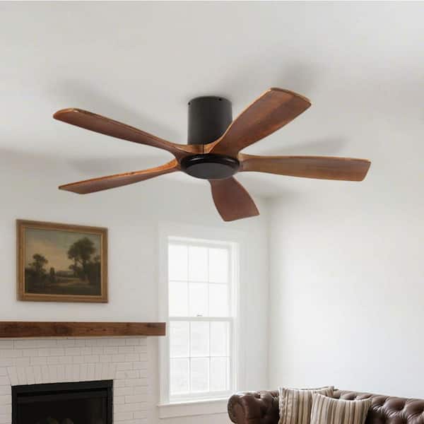 52 Inch Smart Indoor/Outdoor Solid Wood Flush Mount Standard Ceiling Fan in Black with DC Motor and 6 Speed Remote