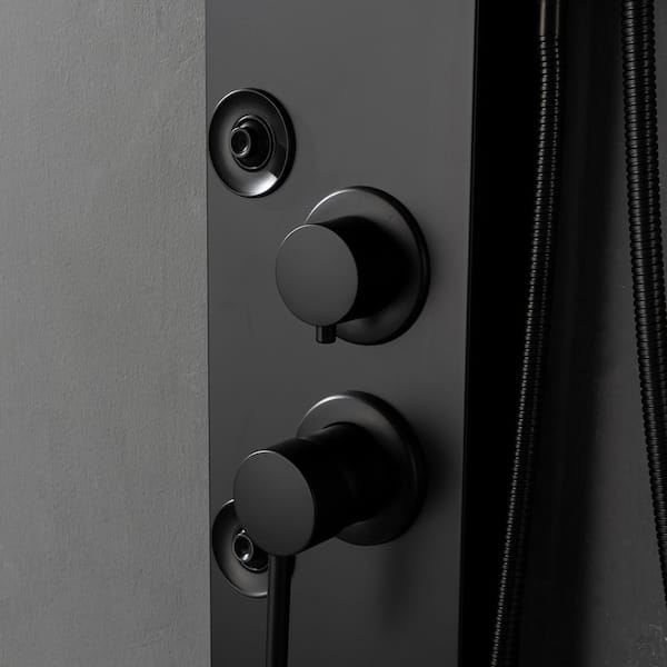Dual 3-in-1 4-Jet Rainfall Shower Panel System with Rainfall Shower Head, Shelf in Matte Black
