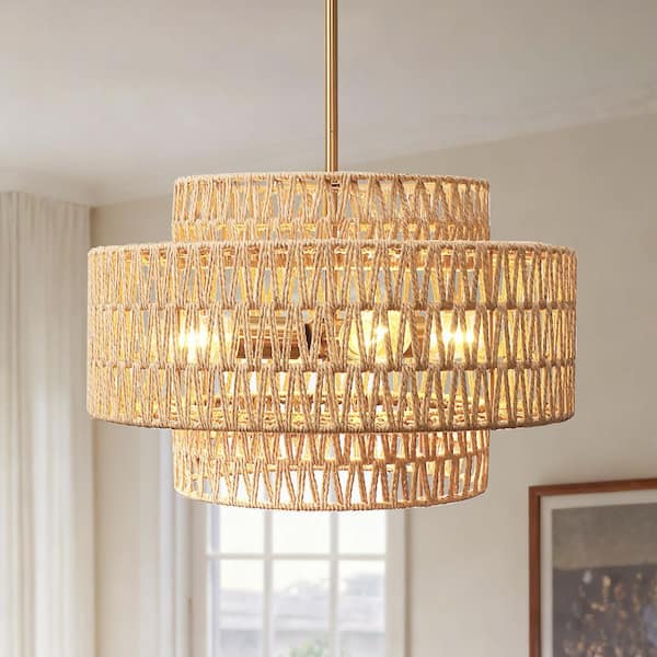 4-Light Brown Rattan Bohemian Drum Chandelier, Dimmable Ceiling Light for Living Room, Kitchen, Entryway, Hallway, Foyer
