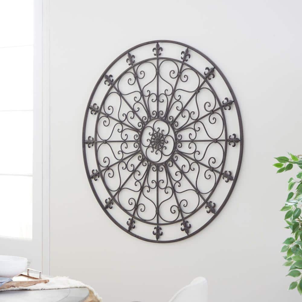Black Iron Scrollwork and Fleur De Lis Round Wall Sculpture