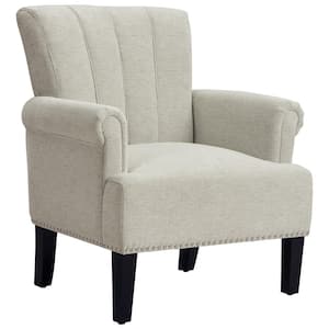 Cream Fabric Accent Tufted Arm Chair with Nailheads and Solid Wood