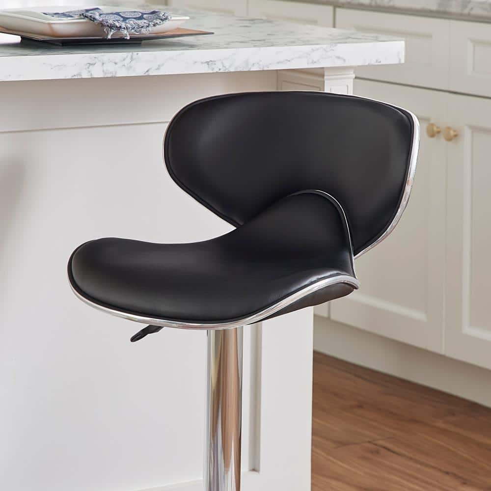 Adjustable Swivel Bar Stool in Black Faux Leather and Chrome