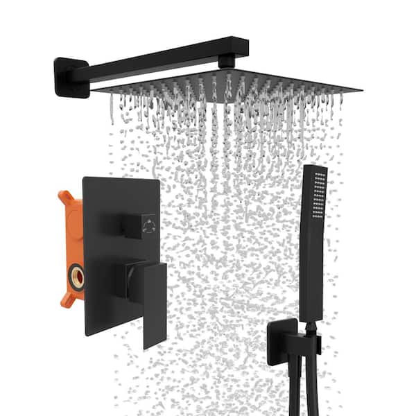 Kingdely 2-Spray Patterns with 2.5 GPM 10 in. Wall Mount Dual Shower Heads and Handhold Shower, with Valve, in Black