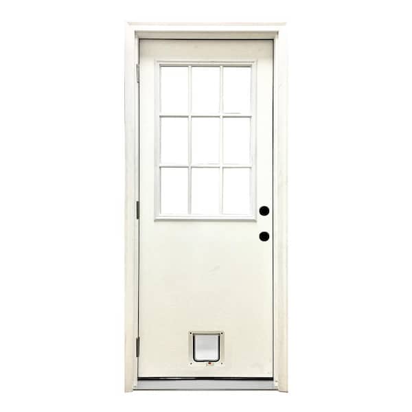 Steves & Sons 32 in. x 80 in. Reliant Series Clear 9 Lite RHOS White Primed Fiberglass Prehung Front Door with Small Cat Door