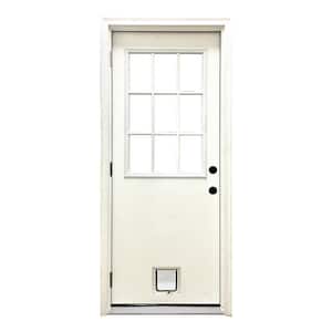 36 in. x 80 in. Reliant Series Clear 9 Lite RHOS White Primed Fiberglass Prehung Back Door with Small Cat Door