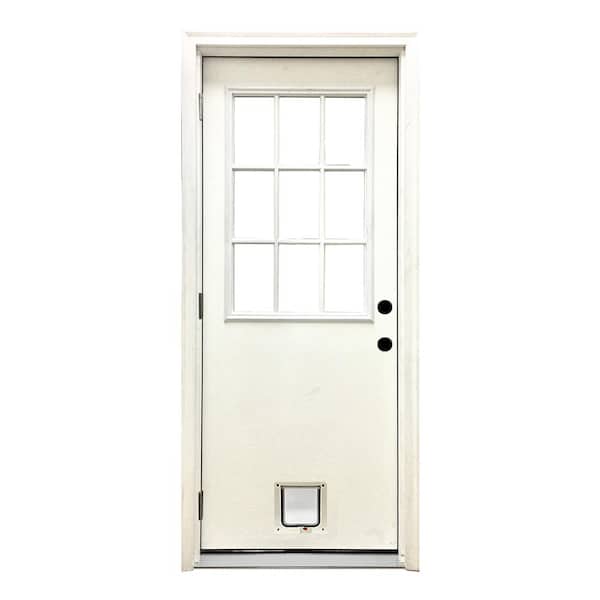 Steves & Sons 36 in. x 80 in. Reliant Series Clear 9 Lite RHOS White Primed Fiberglass Prehung Back Door with Small Cat Door