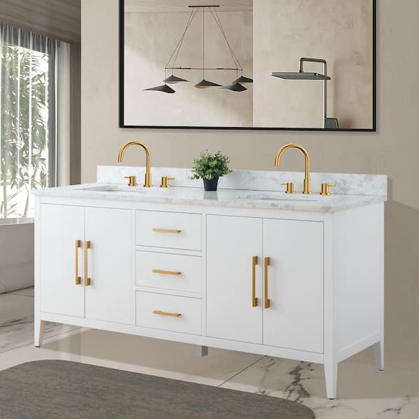 72 in. W x 22 in. D x 34 in. H Double Sink Bathroom Vanity Cabinet in White with Engineered Marble Top