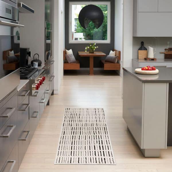 Cozy Modern Ivory Black 2 ft. x 6 ft. Linear Contemporary Runner Area Rug
