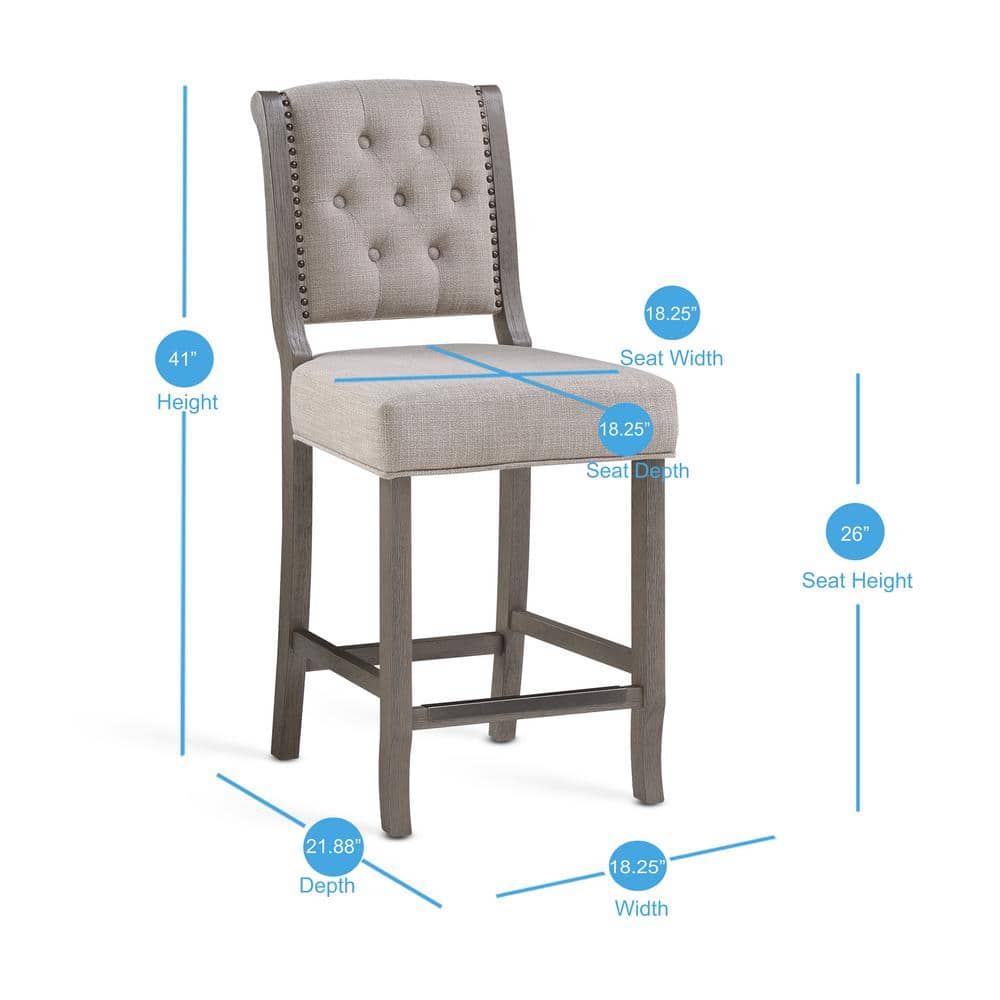 Driftwood Grey Tufted Back Counter Stool with Bronze Nailhead Trim