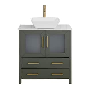 30 in. W Single Basin Vintage Green Bath Vanity with White Engineered Marble Top and Mirror