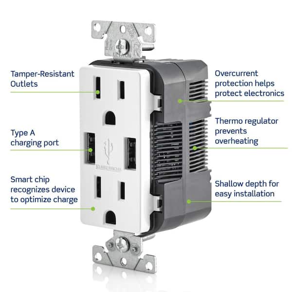 Leviton      3.6A USB Dual Type A In-Wall Charger with 15 Amp Tamper-Resistant Outlets, Ivory