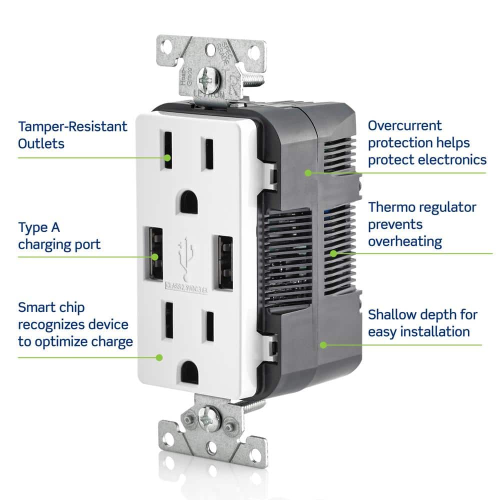 White Tamper Resistant Duplex Outlet with USB Ports
