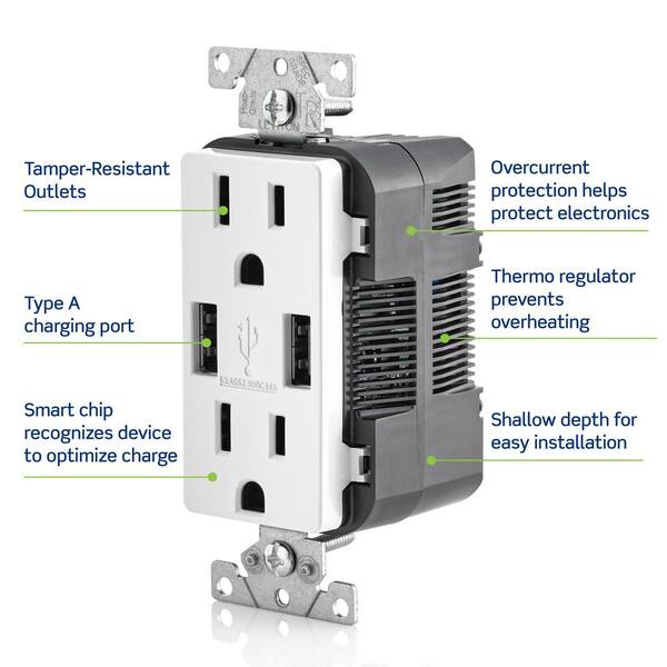 Leviton 3.6A USB Dual Type A In-Wall Charger with 15 Amp Tamper-Resistant Outlets, Brown Leviton 3.6A USB Dual Type A In-Wall Charger with 15 Amp Tamper-Resistant Outlets, Brown