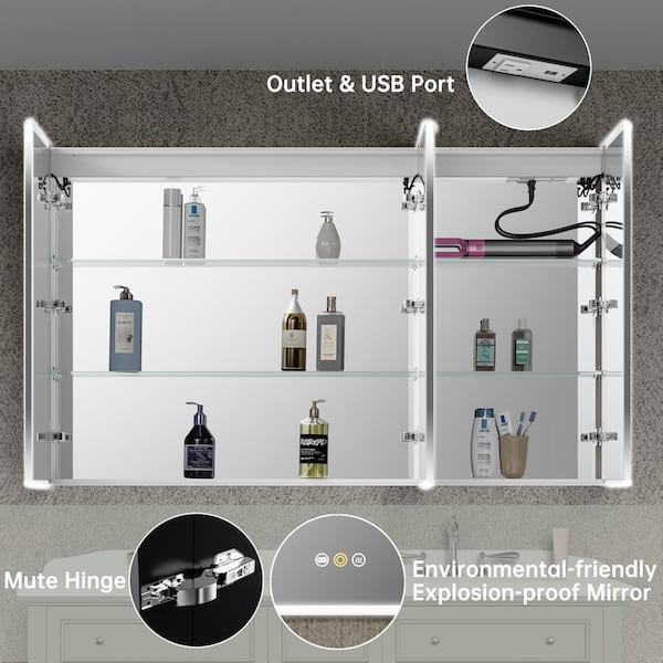 tunuo 60 in. W x 36 in. H Large Rectangular Silver LED Anti-Fog Aluminum  Recessed Medicine Cabinet with Mirror, Outlet and USB AC6036LS