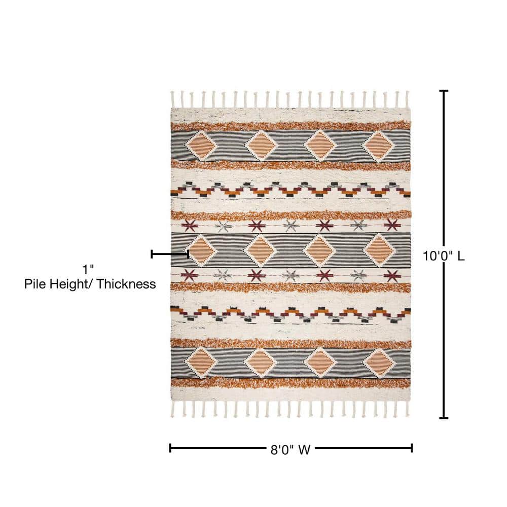 Ivory and Black-Orange Hand-Knotted Wool Geometric 8' x 10' Rug