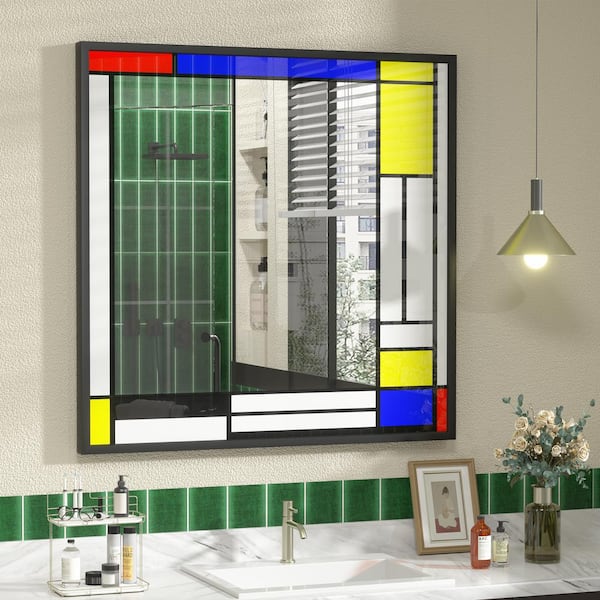 Apmir 36 in. W x 36 in. H Square Tempered Glass and Aluminum Alloy Framed Window Pane Wall Decor Bathroom Vanity Mirror