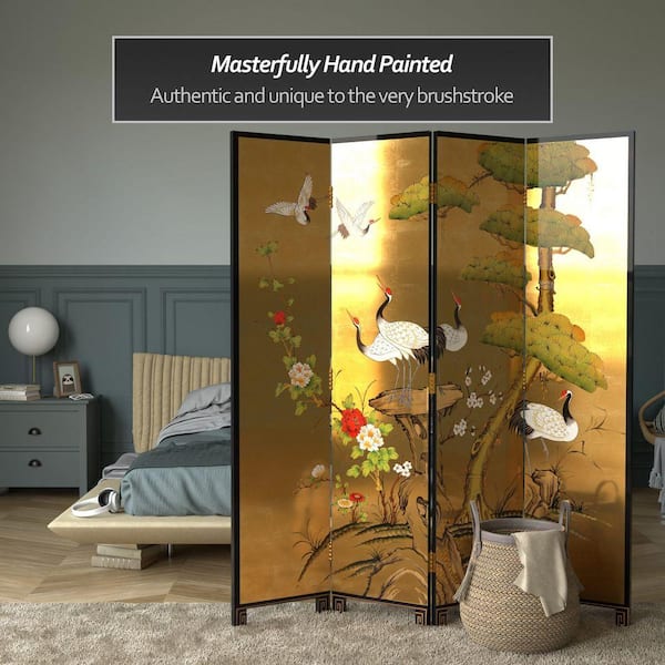 Red Lantern 6 ft. Gold 4-Panel Cranes Room Divider L3-MSS47CPGN-L