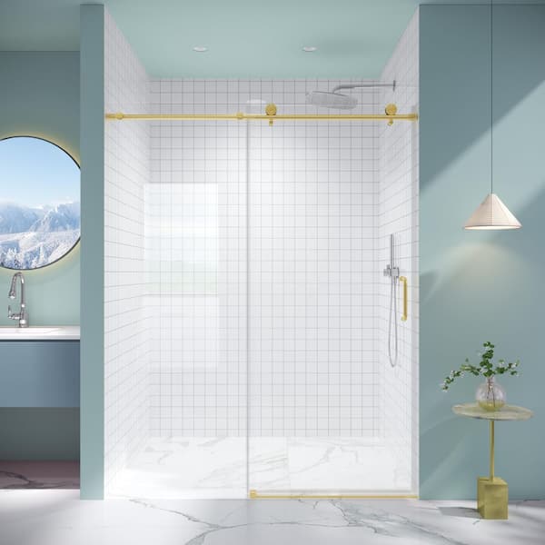 60 in. W x 76 in. H Single Sliding frameless Bypass Bathroom Shower Door with 1/4 in. Tempered Glass in Brushed Gold